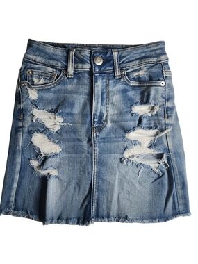 American Eagle Outfitters Distressed Light Blue Denim Mini Skirt